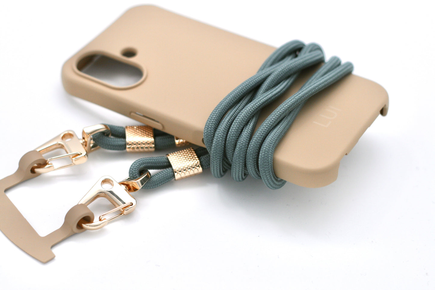 2in1 Handyhülle & Karabinerband in Gold/Petrol