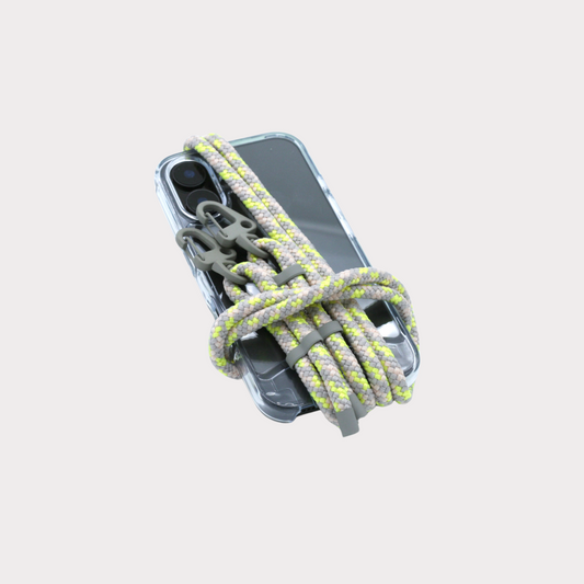 Transparente Handyhülle mit abnehmbaren Band Karabiner in Grau und neon